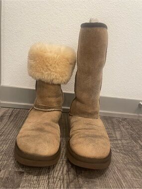 UGG Tall Suede Shearling Winter Boots in Tan with Cream Cuff